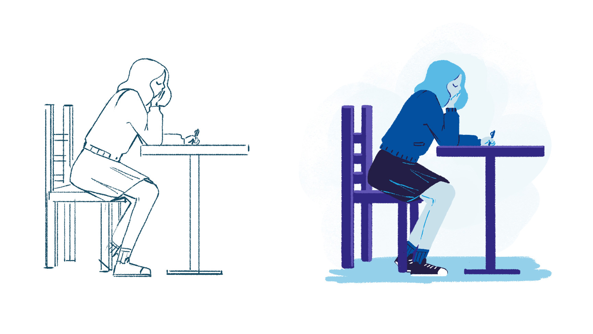 Split illustration shows schoolgirl studying at desk, left in sketch form, right in fully coloured final artwork.