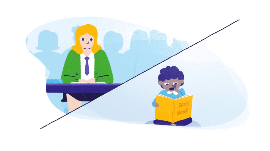 Split illustration showing schoolgirl studying at desk and young boy reading yellow storybook, highlighting parallel learning journeys.
