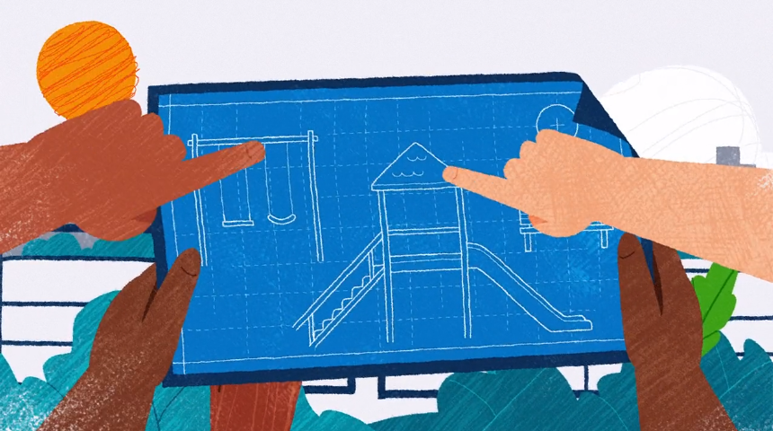 Three diverse hands hold a blueprint for a playground design, featuring a slide and swing set. A bright orange sun and community setting appear in the background.