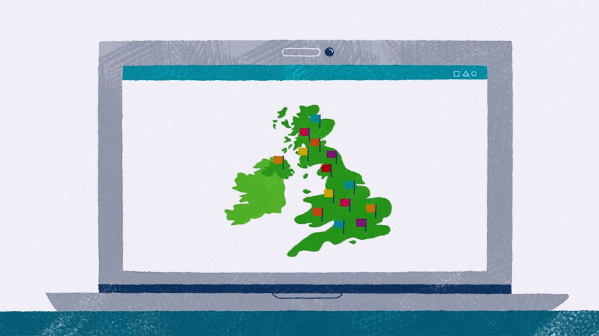 Illustration of a map of the UK displayed on a laptop screen, with colorful markers indicating community activity locations across different regions.
