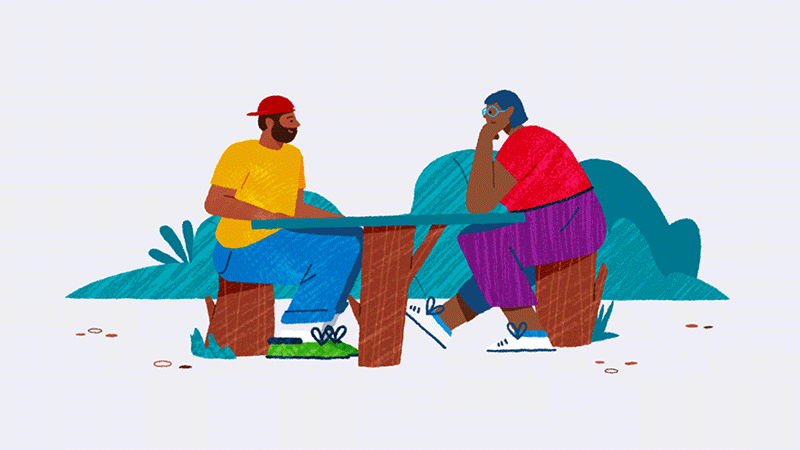 Illustration of two people sit across from each other at a table outdoors, engaged in a friendly conversation.