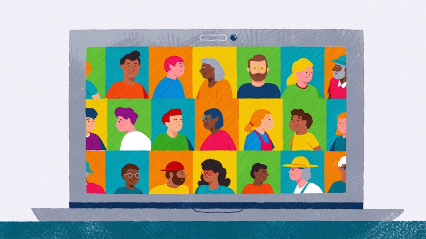 Cartoon-style laptop screen showing a virtual meeting with multiple people in colored squares. Each square features a different character, representing a diverse community.