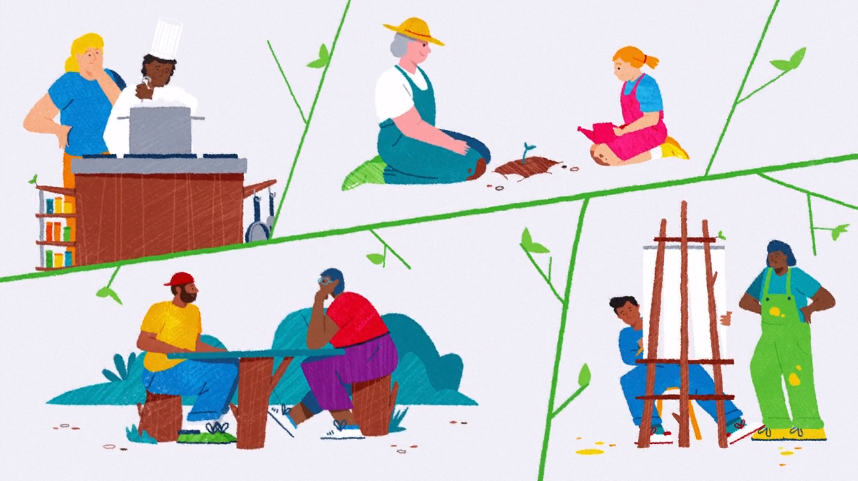 Split-screen illustration showing various community activities: cooking, gardening, painting, and conversing at a table. Each quadrant features diverse individuals in vibrant, cartoon-style settings.