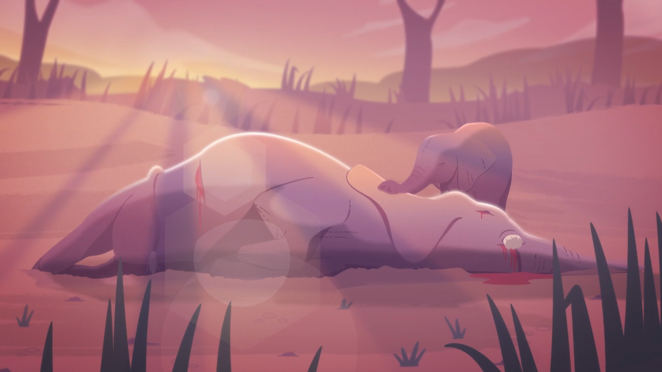 An illustration of a baby elephant mourning beside its lifeless mother, lying in a dusty savannah landscape with visible tusk wounds and blood, under a sombre sunset sky.