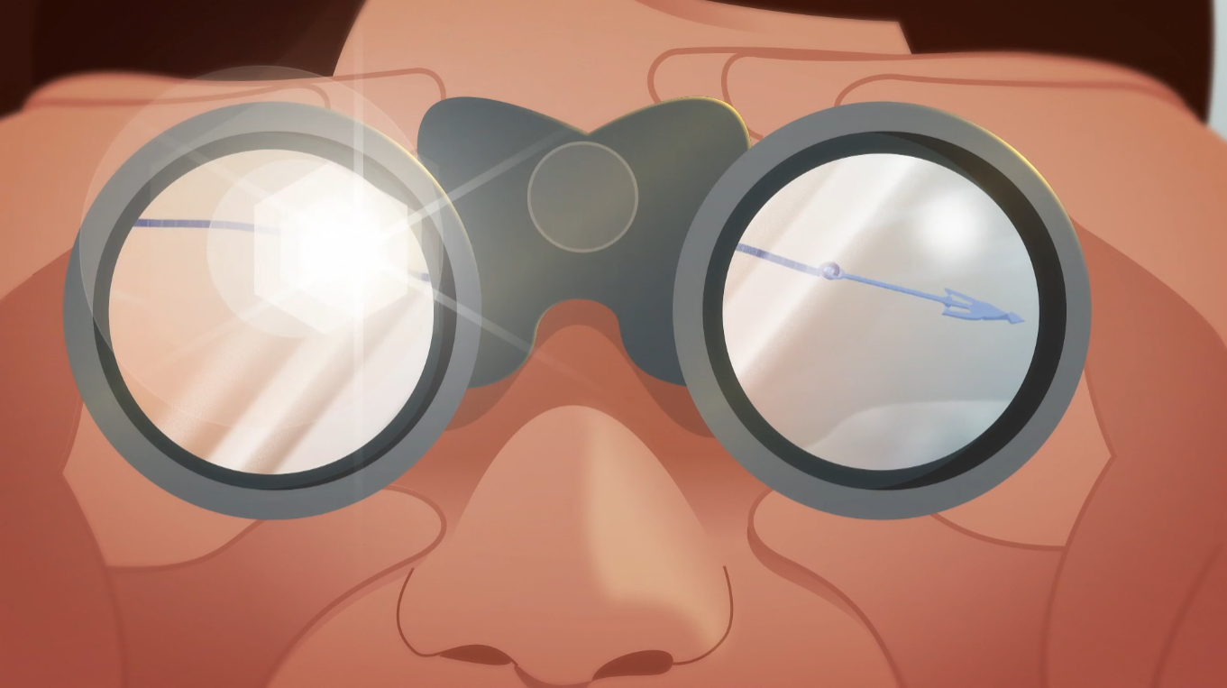 An illustration of a close-up view of a man's face peering through binoculars, with the reflection of a harpoon in each lens, indicating he's watching a whale hunt.