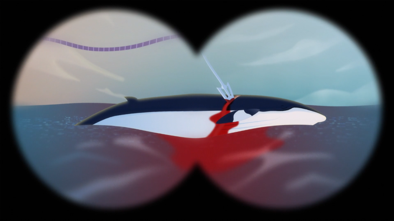 An illustration of a whale bleeding in the ocean, viewed through binoculars, its body pierced by a harpoon as red blood spreads across the water’s surface.