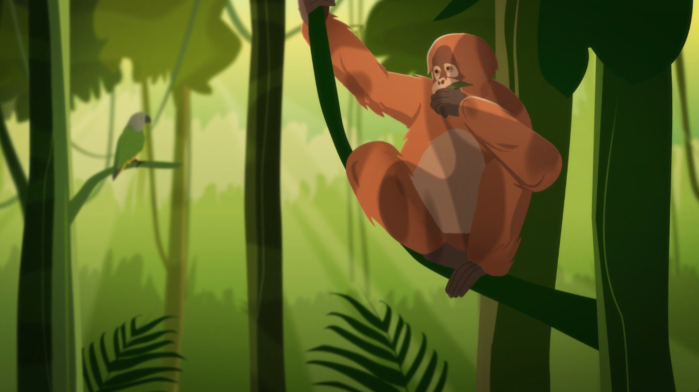 An illustration of an orangutan sitting on a jungle vine, calmly eating leaves in a lush tropical rainforest, with filtered sunlight creating a serene ambiance.