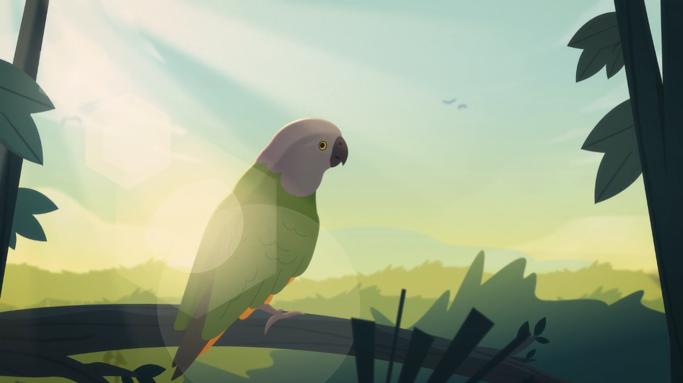 An illustration of a lone parrot perched on a branch in a sunlit forest, with soft rays illuminating its green and grey feathers and a peaceful valley backdrop.