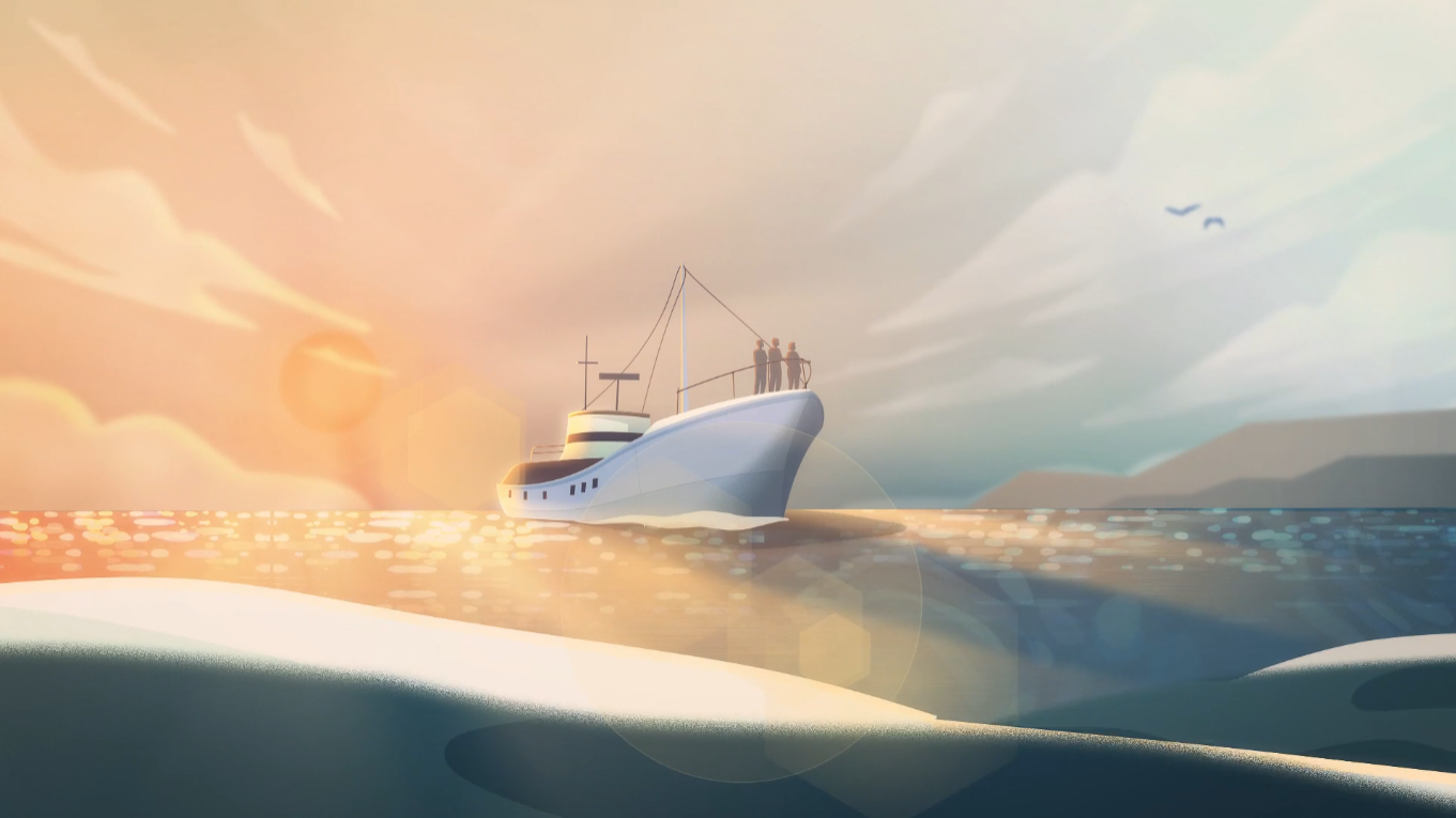 An illustration of a research or expedition ship on a glistening sea, sailing into the horizon at sunrise or sunset, with three people visible at the bow and birds flying overhead.