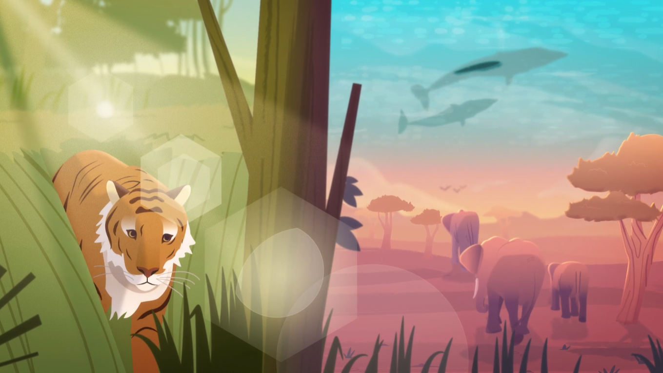 An illustration of a split-screen scene showing a tiger navigating a forest on the left, and a family of elephants walking across a savannah under a blue sky with whales swimming above, blending land and ocean life.