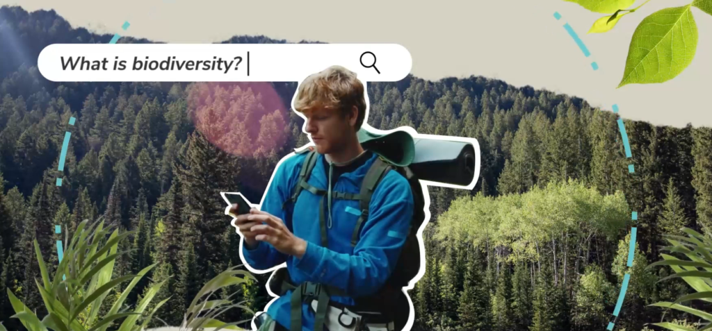 A young man with a backpack stands in front of a forest, looking at his phone, with a search bar above reading "What is biodiversity?" suggesting curiosity about nature.