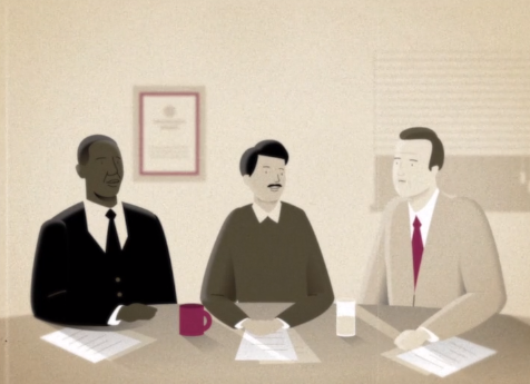 Illustration of Three men sit at table in discussion, papers and drinks in front, office setting in background.