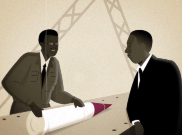 Two men in formal attire discuss large technical blueprint or plan, with industrial structure in background.