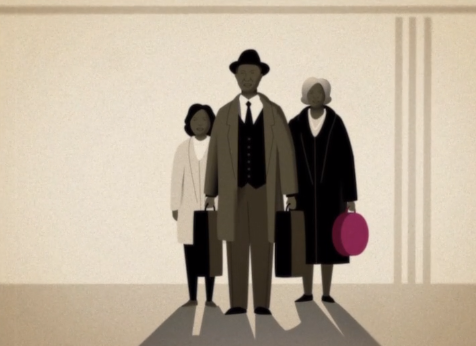 Three well-dressed individuals, man, woman, and child, stand with suitcases, symbolizing migration or new beginnings.