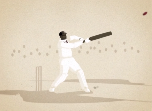 Illustration of Cricketer in white uniform hits ball mid-swing on pitch, with crowd in background watching play.