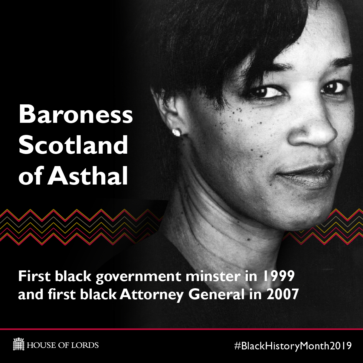 Static social asset for House of Lords Black History Month with Baroness Scotland of Asthal
