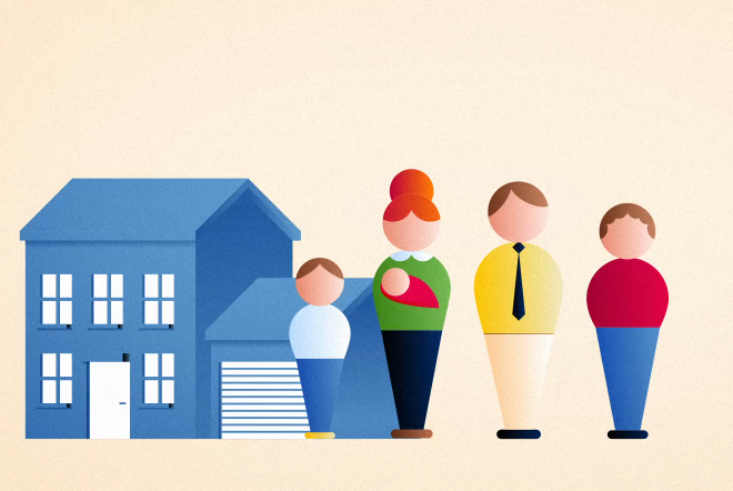 Illustration of a family of four standing outside a blue house, including two parents and two children, representing household demographics or family life.