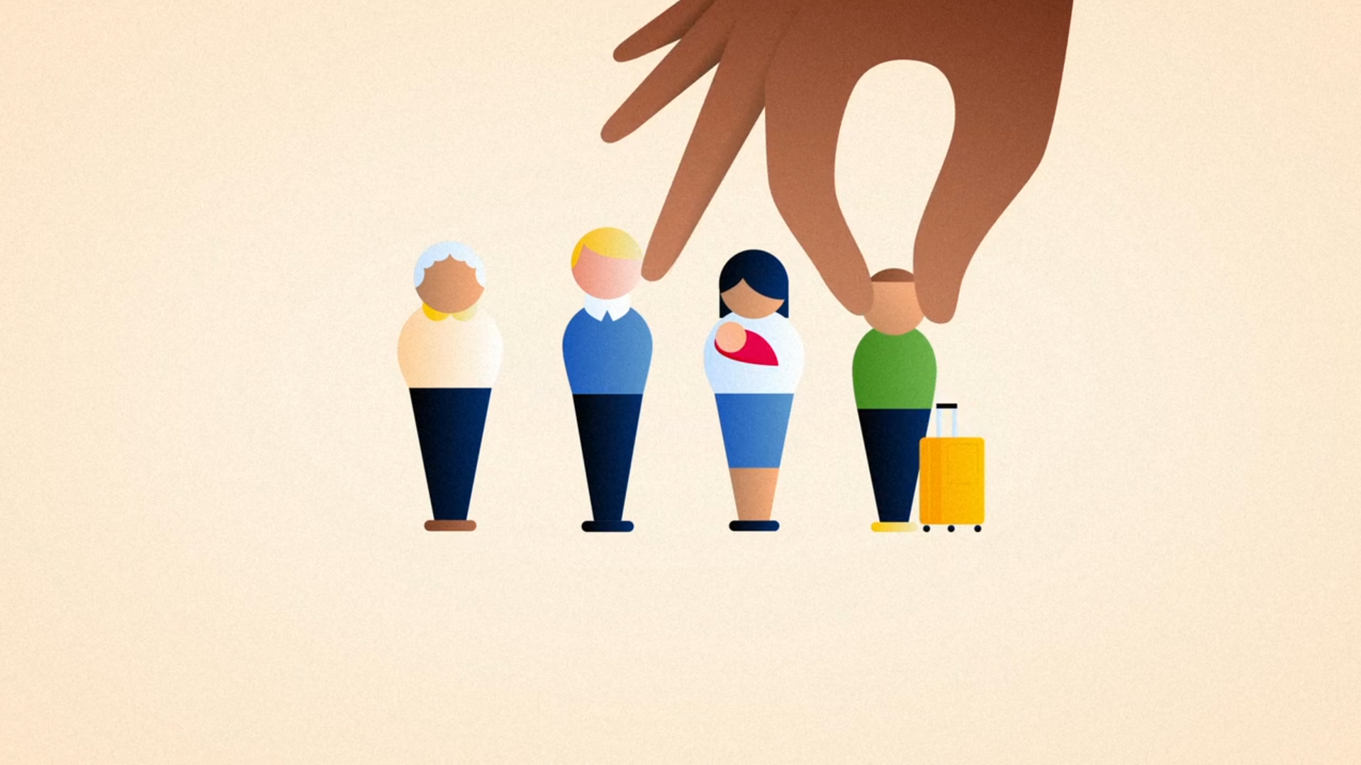 Illustration of diverse cartoon-style people, including a parent with a baby, being selected by a large hand, representing survey sampling or population studies in research.