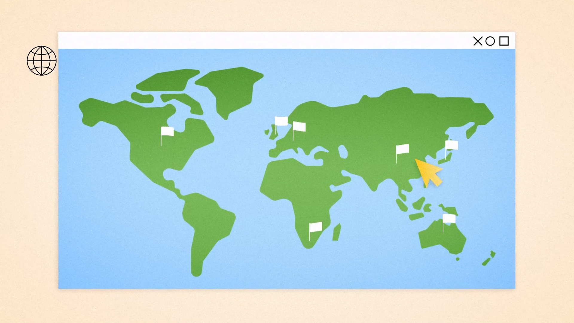 Illustration of a world map in a web browser window with flags marking various countries and a large yellow cursor pointing to East Asia, symbolizing global research or online data collection.