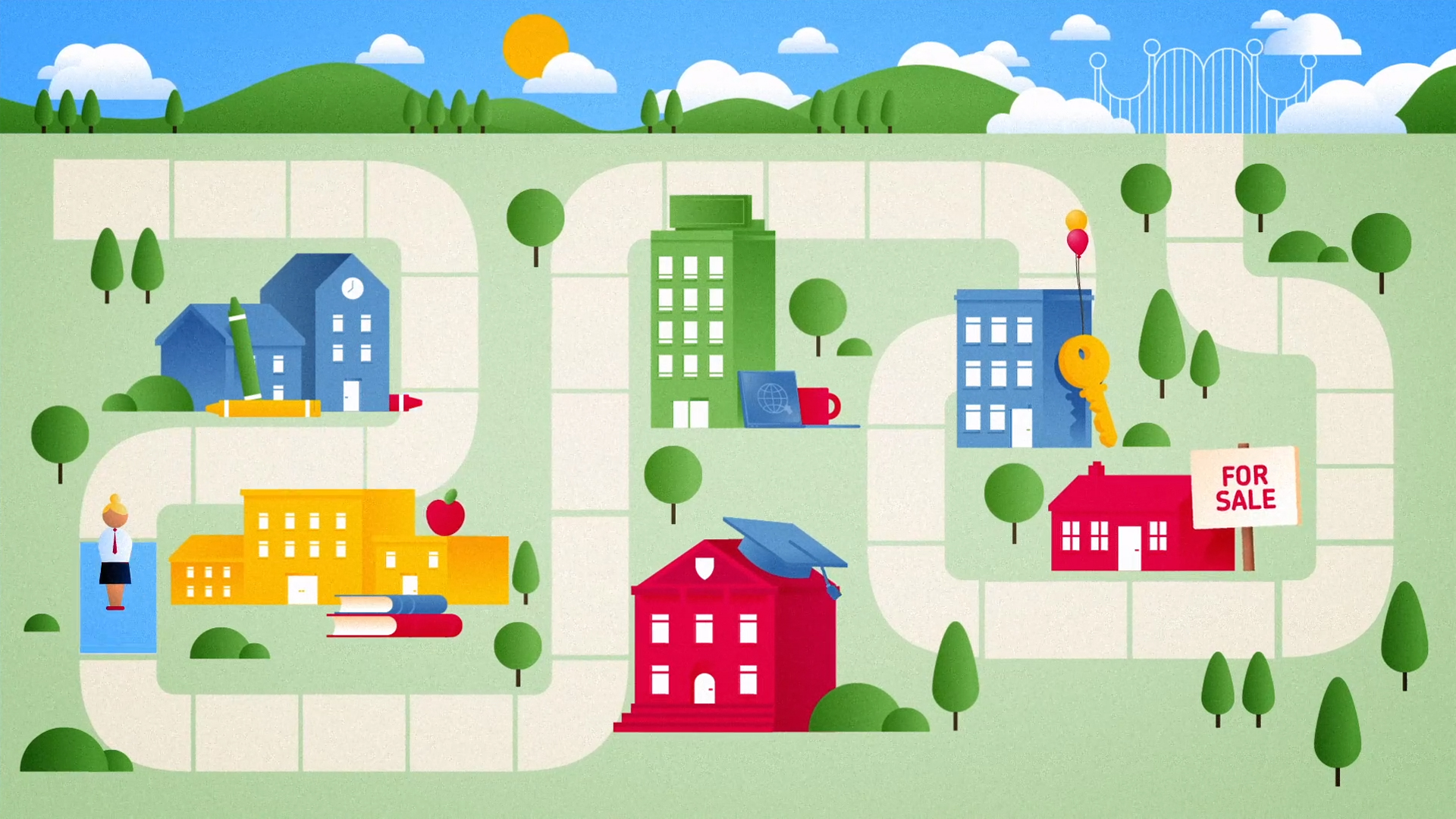 Colorful illustrated roadmap with schools, homes, and symbols of education and real estate, representing life paths, learning journeys, and housing choices in a community setting.
