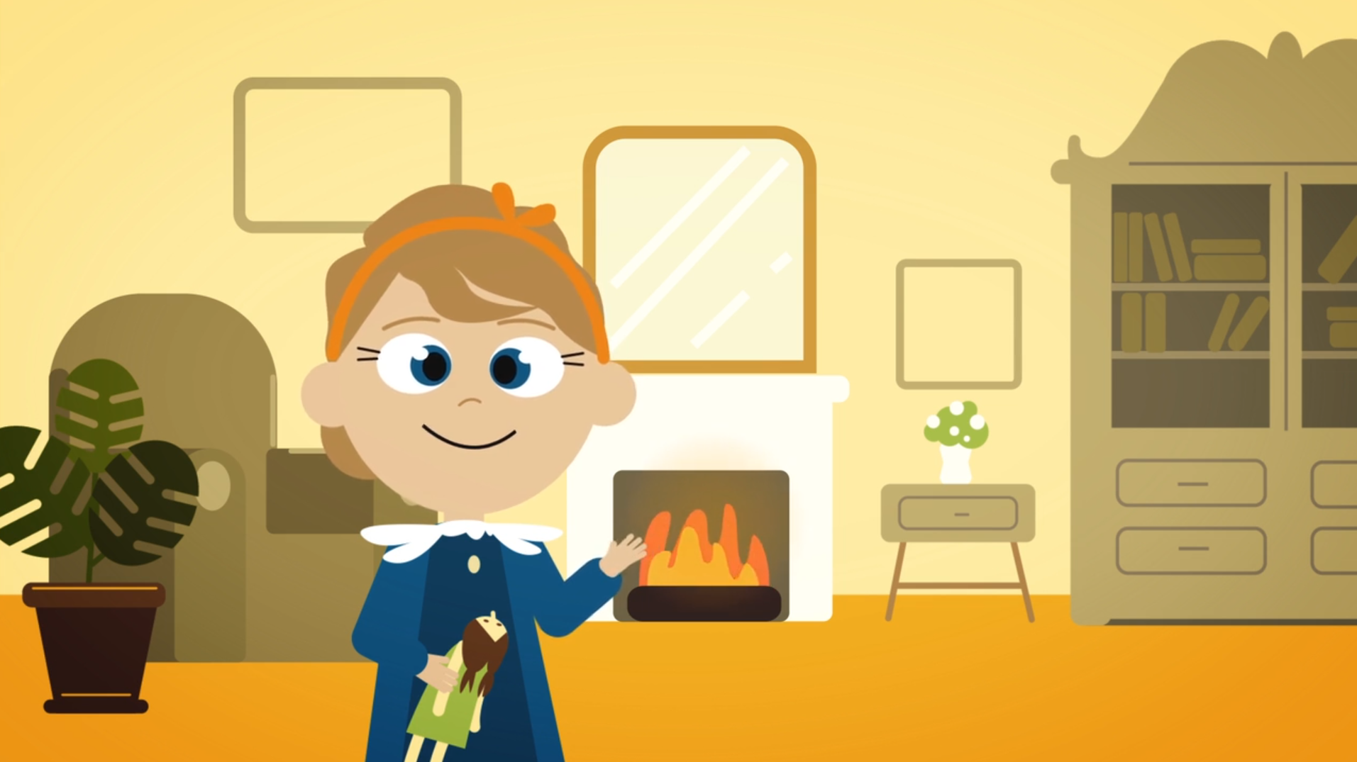 Illustration of Smiling girl waves in cosy room, holding doll by fireplace.