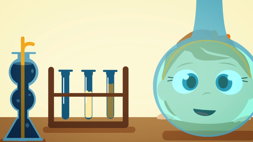 Illustration of Smiling girl’s face appears inside a round flask beside colourful test tubes and lab equipment.