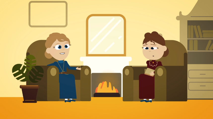 Two animated women sit by a fireplace talking, one smiling warmly, the other looking sad.