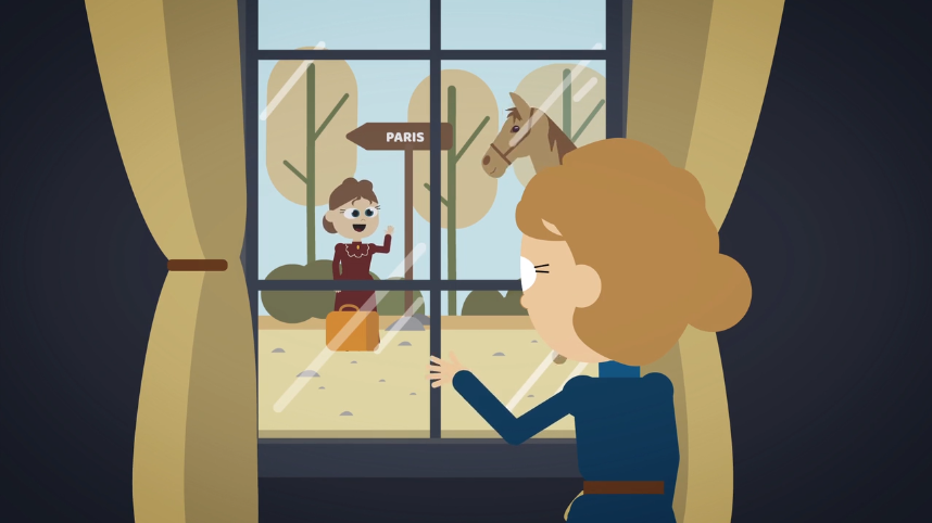 Animated woman looks out window, waving goodbye to traveller heading to Paris with horse nearby.
