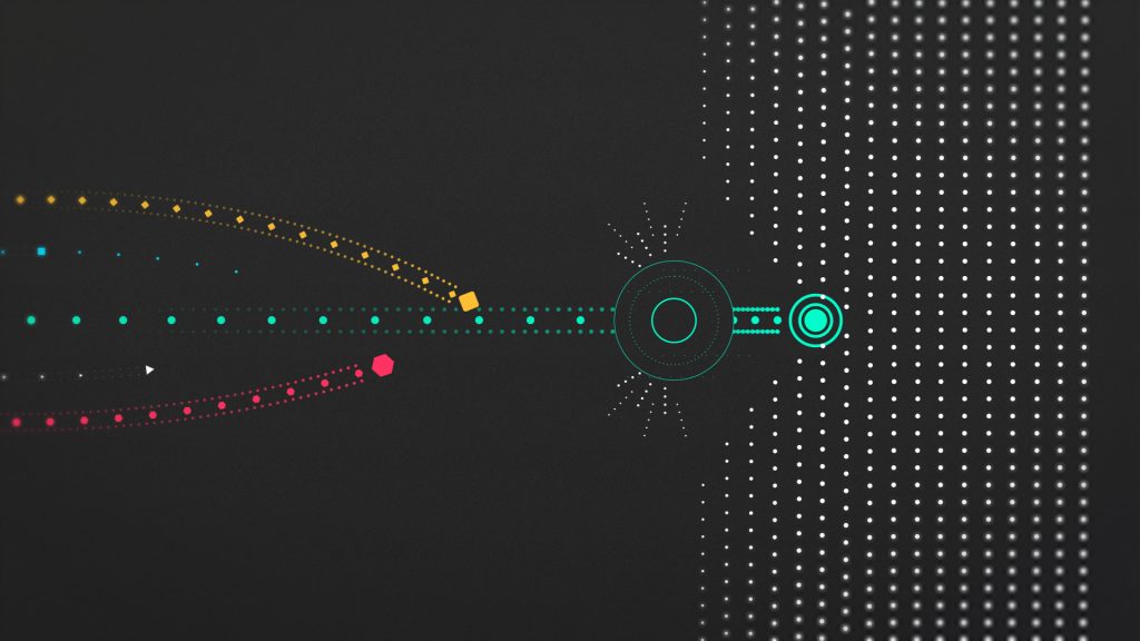 Colored paths and geometric shapes converge into a central hub, transitioning into a structured grid and representing data flow or conversion.