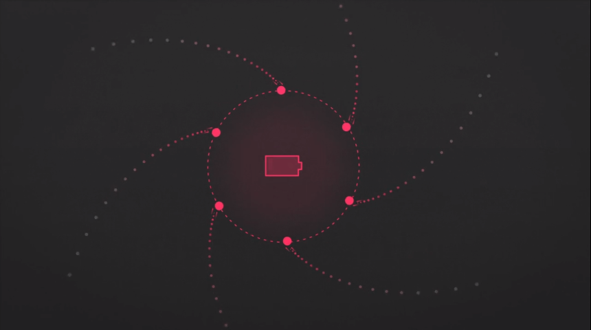 Red battery icon surrounded by orbiting red particles and depicting low energy state, power distribution, or charging mechanics.