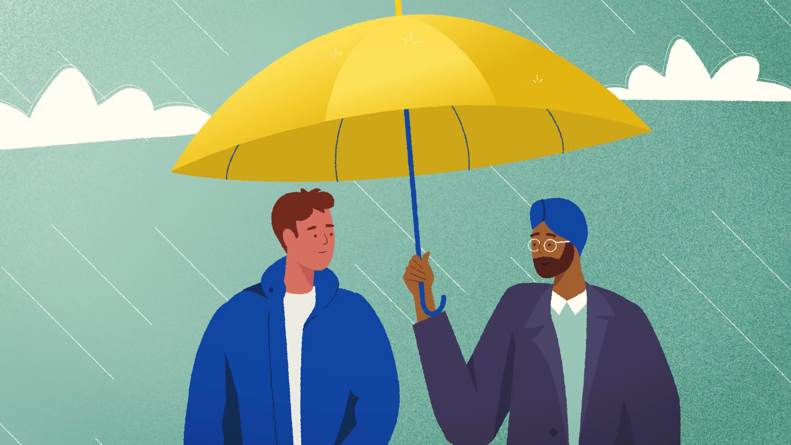 Two men walking in the rain, one holding a large yellow umbrella over both of them as they talk.