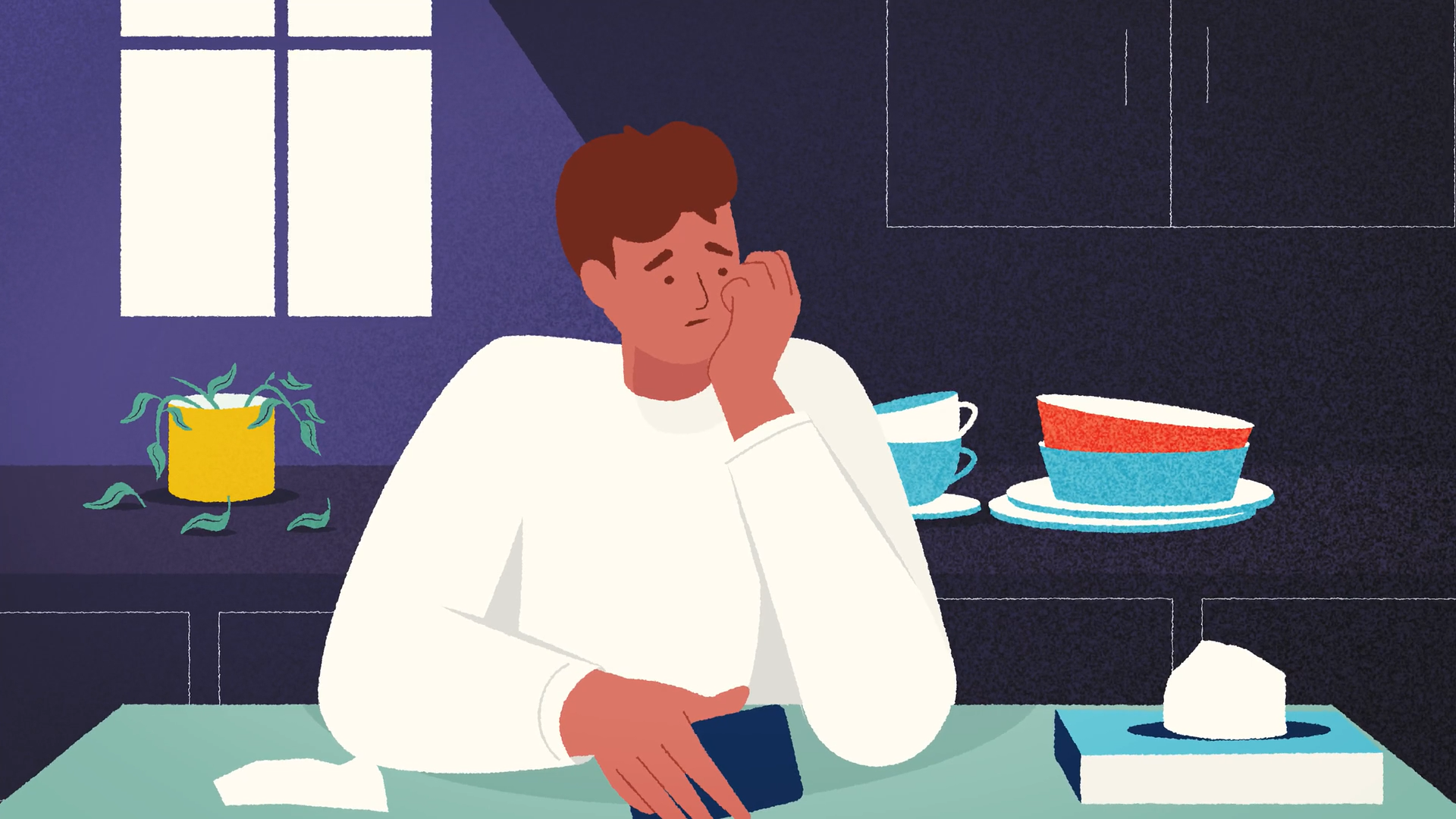 A man sitting alone at a kitchen table, looking sad while holding a phone, with unwashed dishes and a wilting plant nearby.