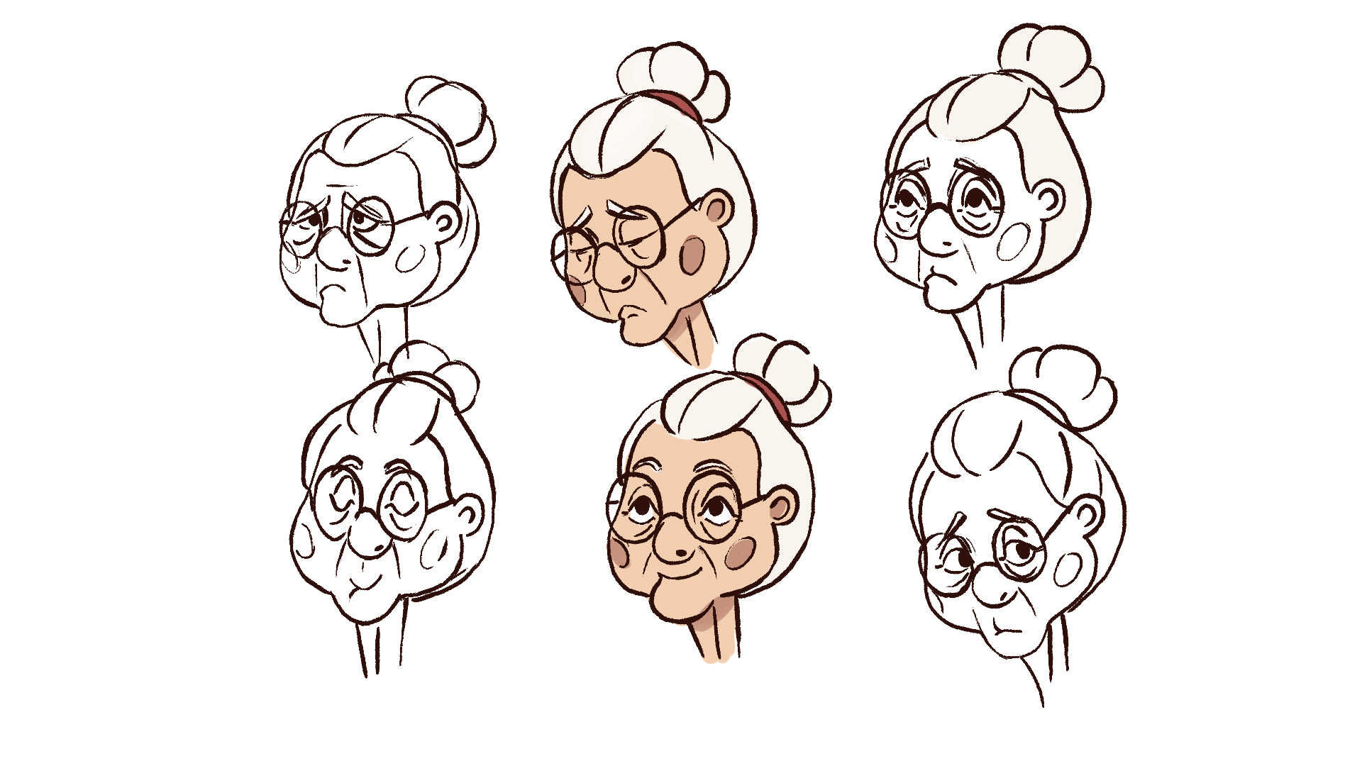 Character design sheet featuring multiple expressive sketches of an elderly woman with glasses and a bun. Illustrations showcase varied emotions, ideal for animation, storytelling, or elderly care-related creative content.