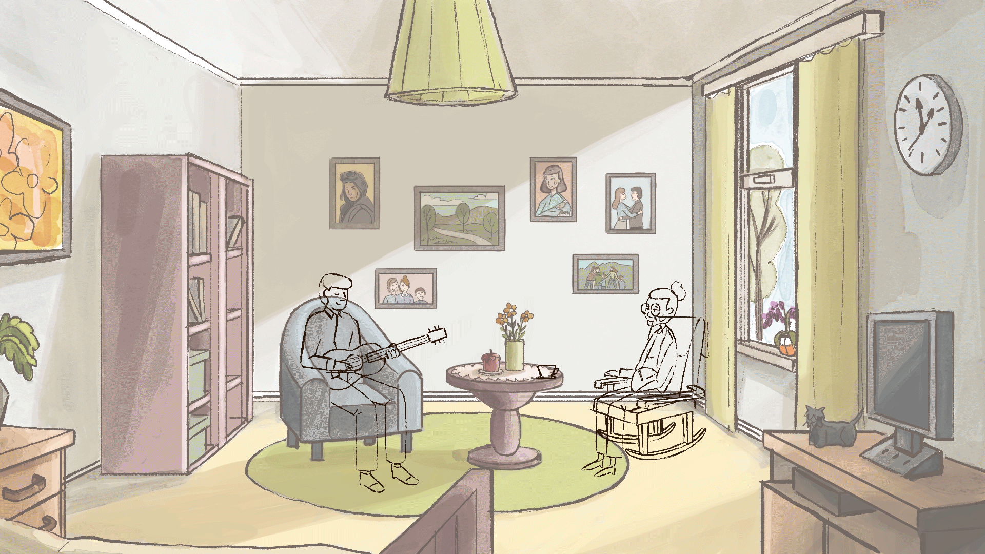 Animated elderly couple joyfully play musical instruments together in cosy living room, promoting active senior lifestyle.