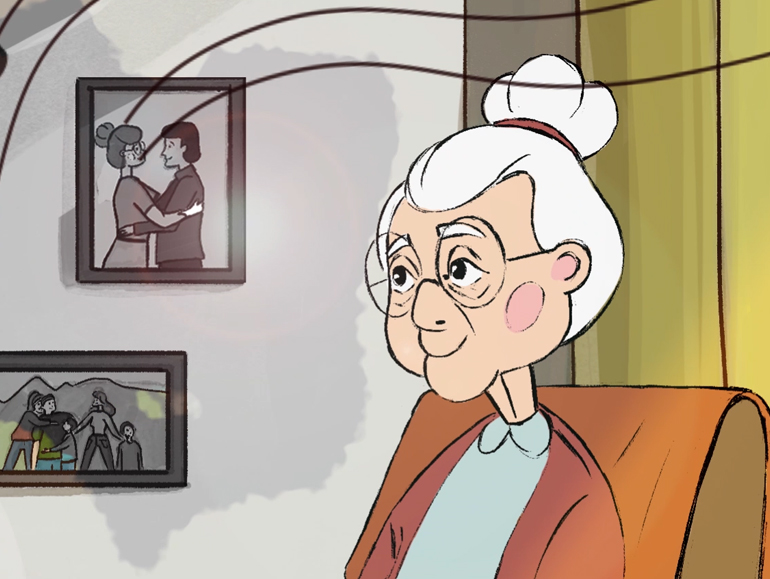 Illustrated elderly woman smiles warmly in armchair, with family photographs framed on wall behind.