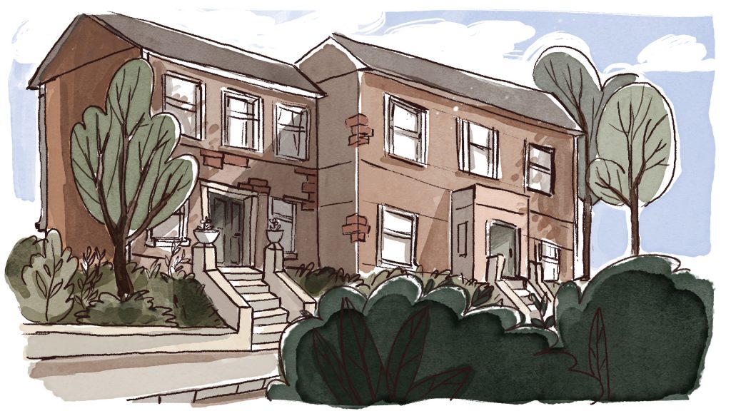 Hand-drawn illustration of residential care home with garden, steps, and trees under blue sky.
