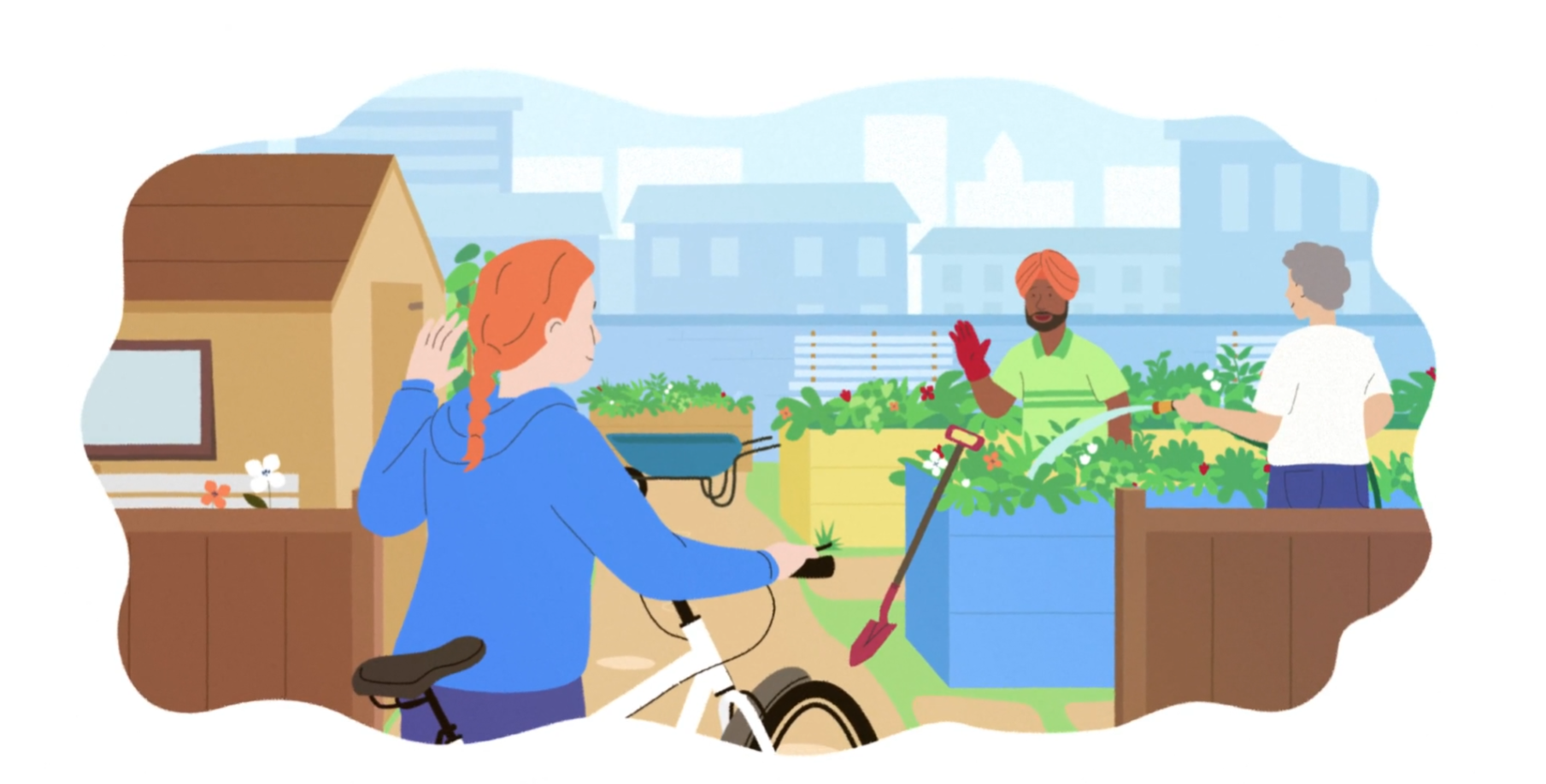 Woman on a bike waves to two men gardening in raised beds near a shed in a city allotment.