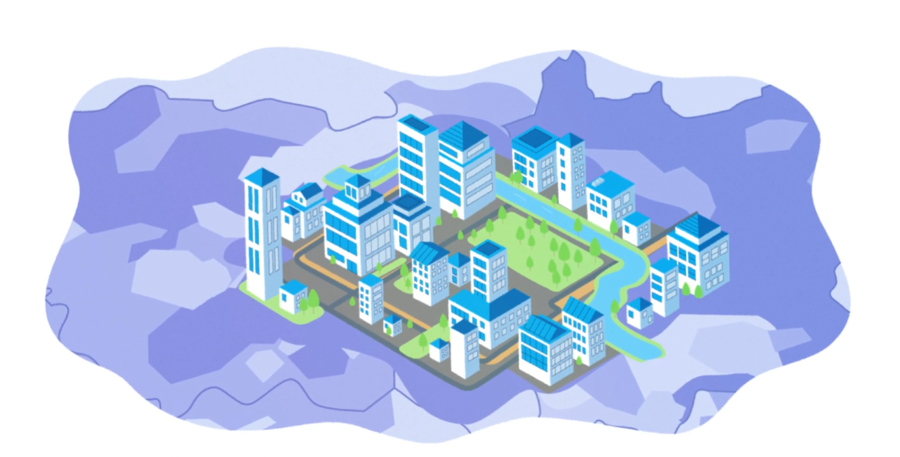 Illustration of a green urban neighborhood with roads, buildings, water features and tree-lined spaces.
