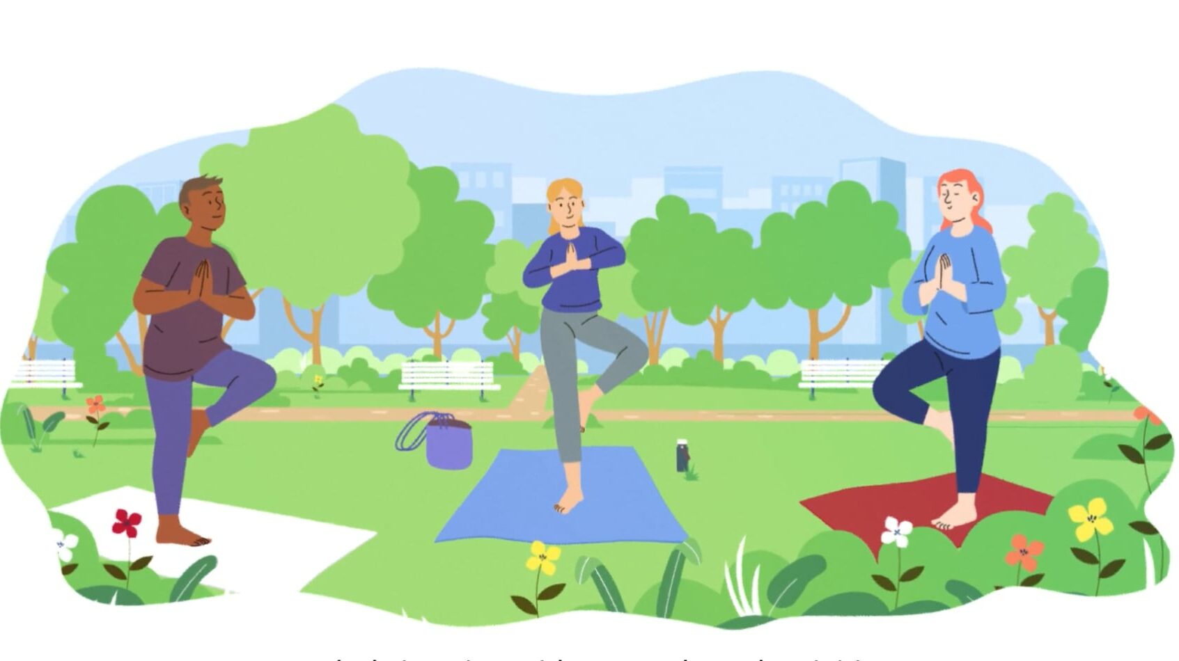 Illustration of three women doing yoga in a green park.