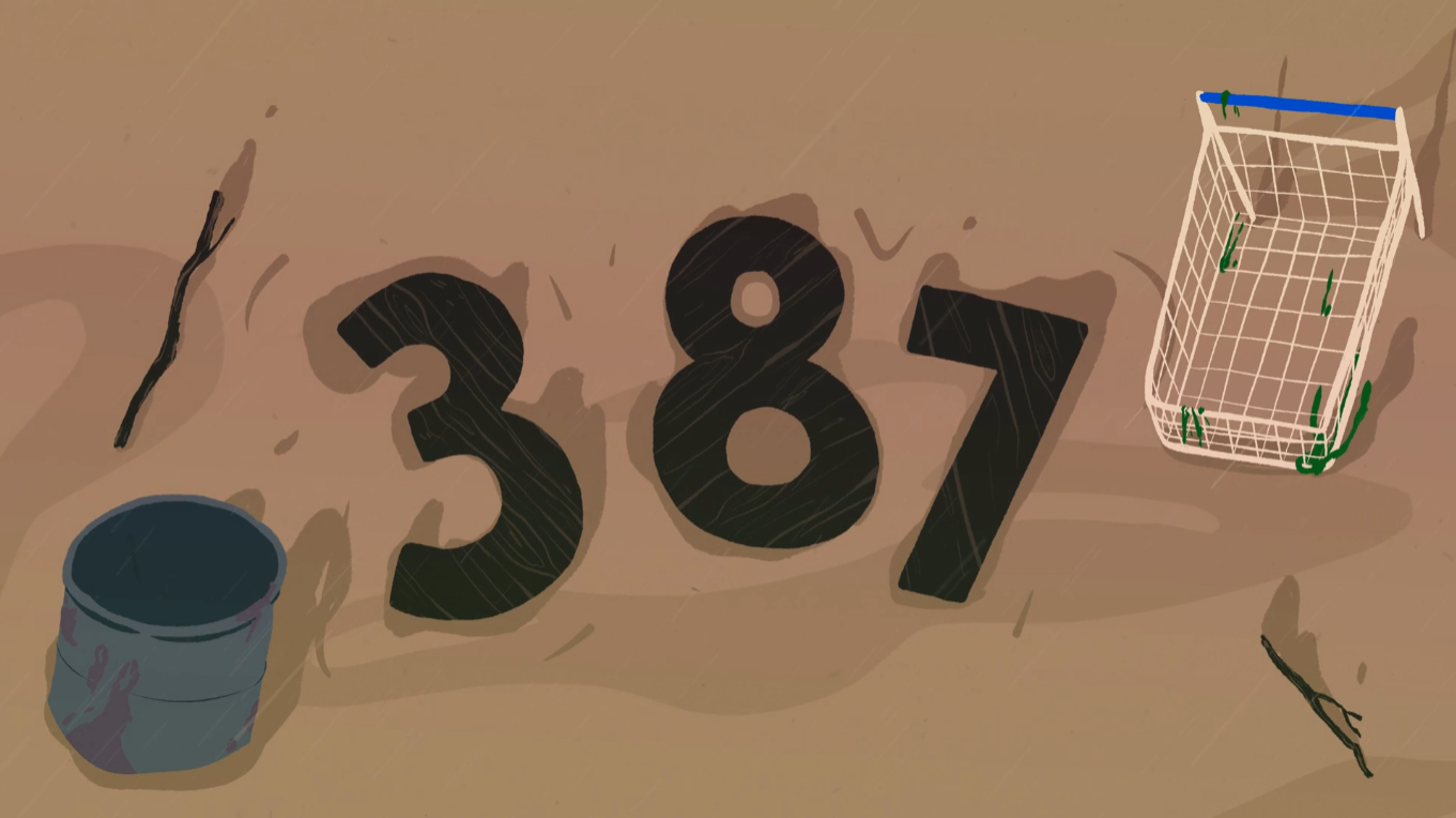 An illustration of the number “387” partially submerged in muddy floodwater, surrounded by debris including a branch, an oil drum, and an overturned wire basket goalpost, under heavy rainfall.