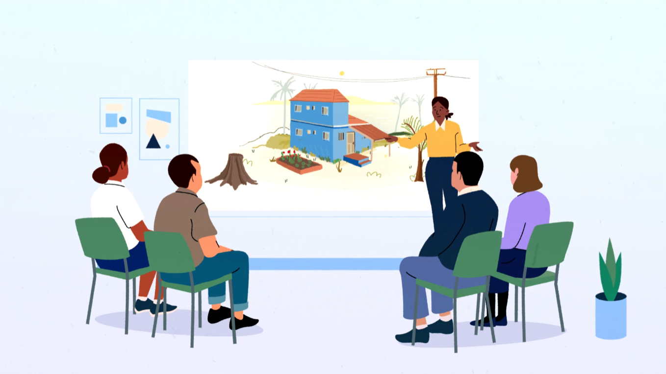 An illustration of a woman presenting a climate-resilient building plan to a seated group, featuring a house with a garden on a projection screen in a bright room with simple décor.