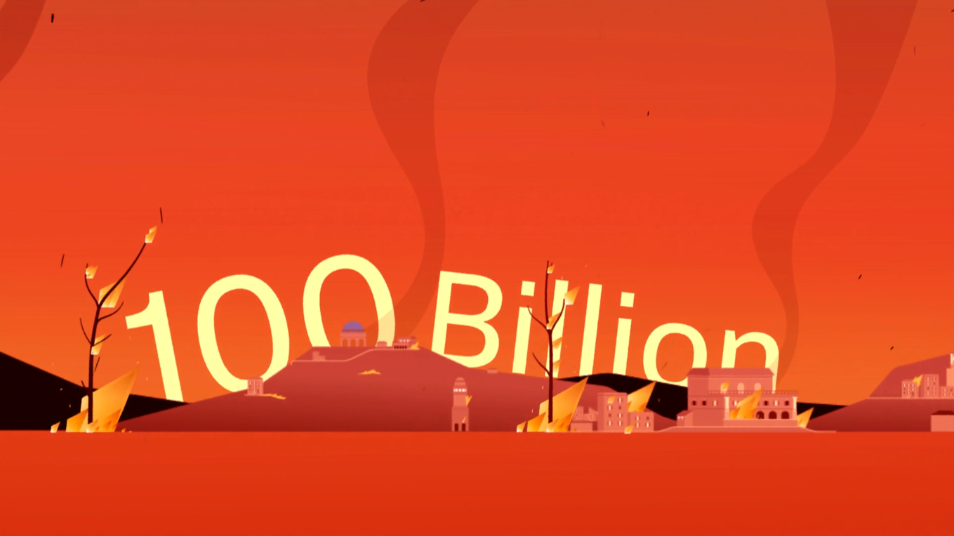 An illustration of a burning landscape with scorched trees and buildings, with the number “100 Billion” looming behind to emphasize the cost of climate disasters.