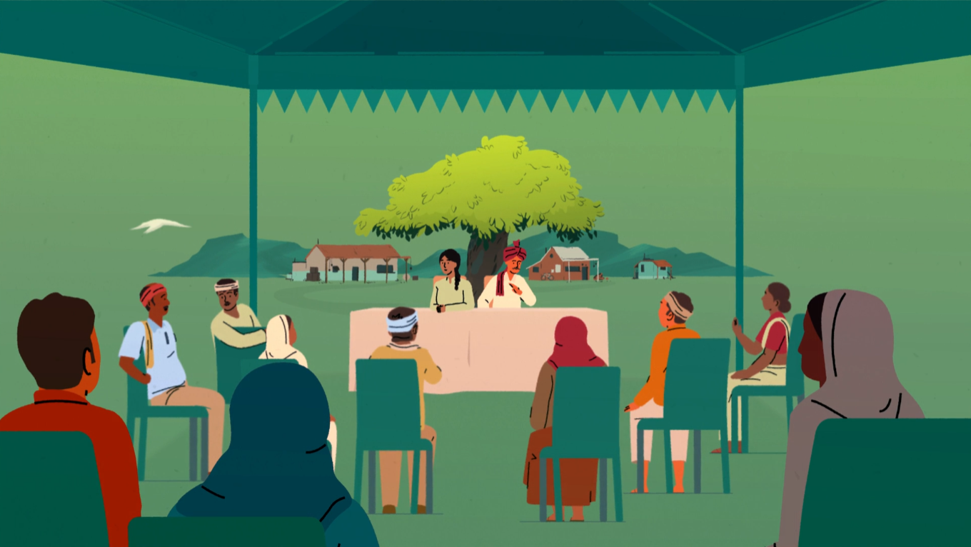 An illustration of a rural community meeting under a green shelter, with men and women seated and two facilitators at the front, set against a backdrop of trees and distant village homes.