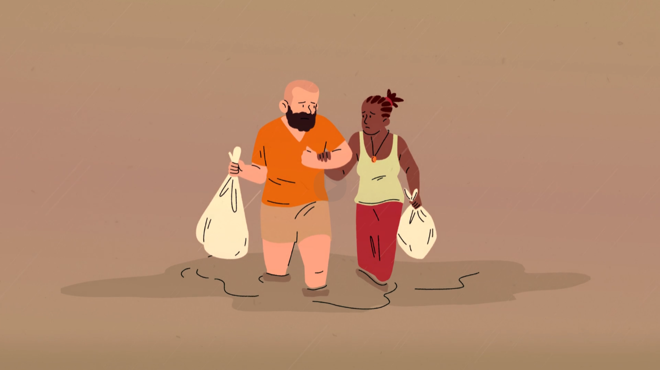 An illustration of two people walking arm-in-arm through knee-high muddy floodwaters, each carrying bags and supporting one another during a storm.