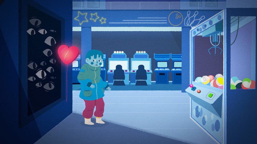 Illustration of a sad boy standing alone in an arcade, holding a heart-shaped balloon, surrounded by machines and a wall of staring eyes, symbolizing loneliness and vulnerability.