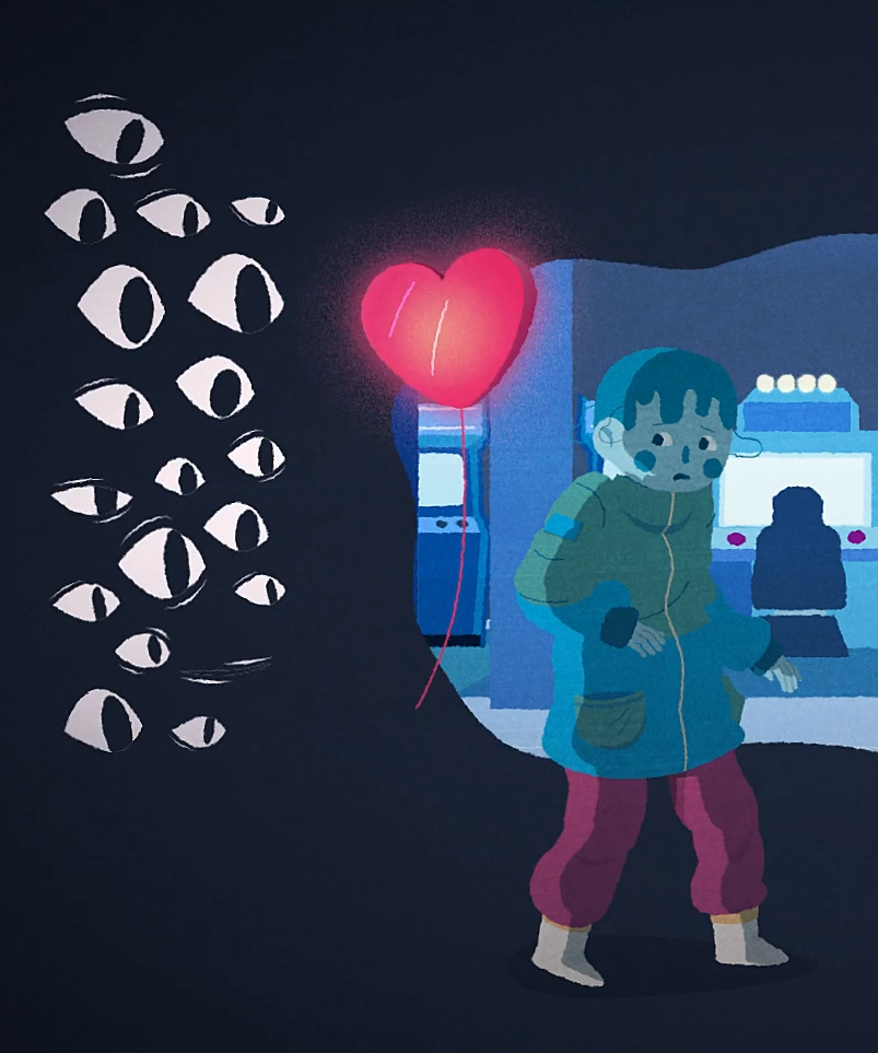 A sad boy holding a glowing heart balloon stands near an arcade, surrounded by ominous watching eyes in the darkness, conveying themes of vulnerability and surveillance.