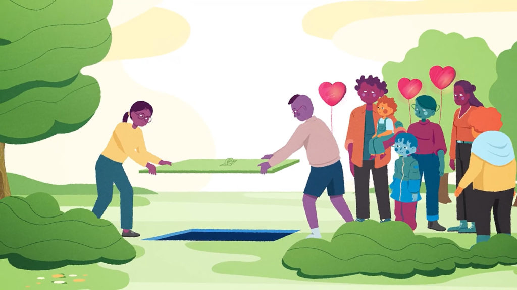 Illustration of two people placing a bridge over a gap while a diverse group with heart balloons watches, symbolizing support, connection, and creating safe paths for others.