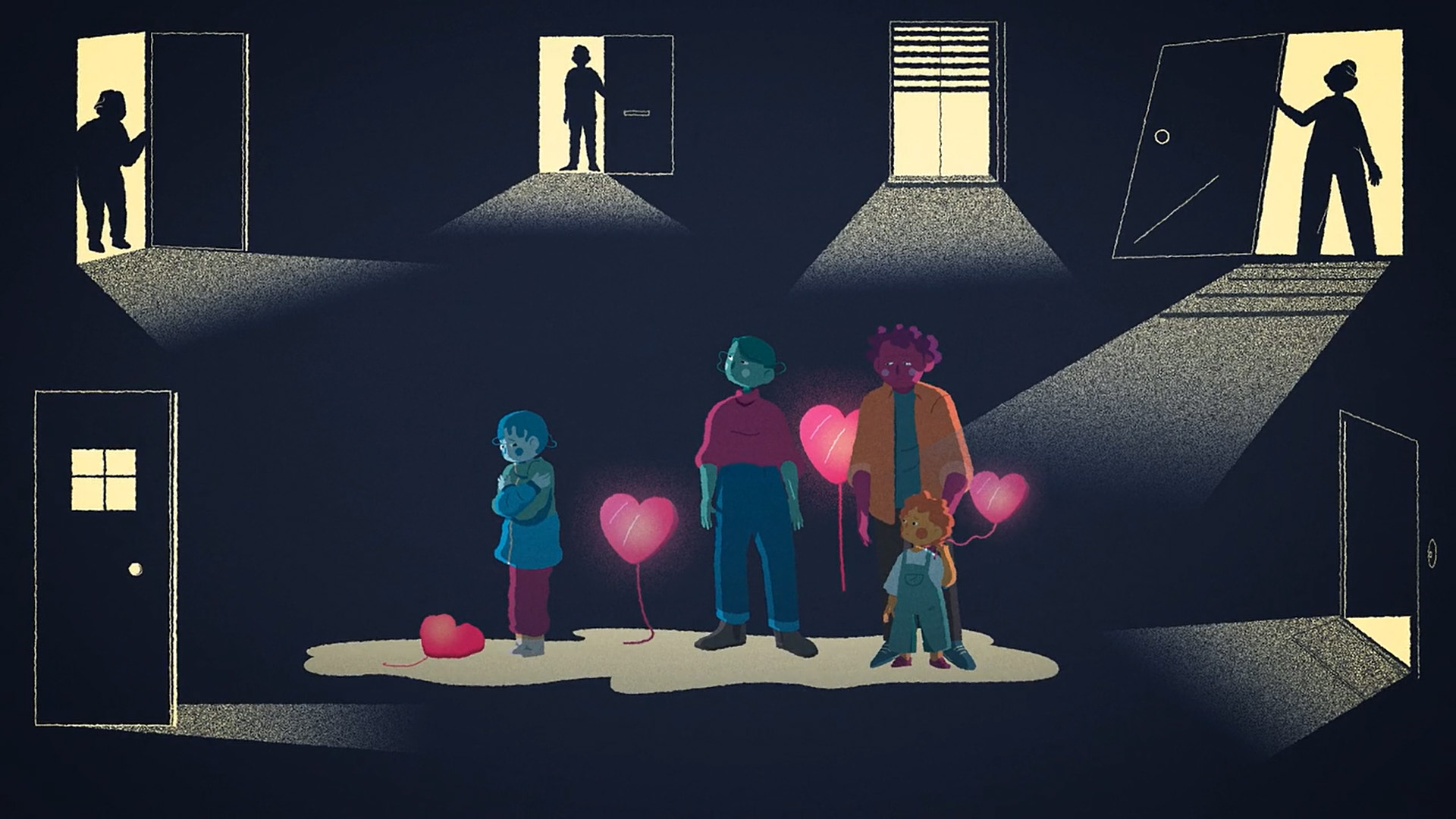 Illustration of a group of children in a dark room with glowing heart balloons, surrounded by open doors casting light, symbolizing hope, isolation, and the search for support.