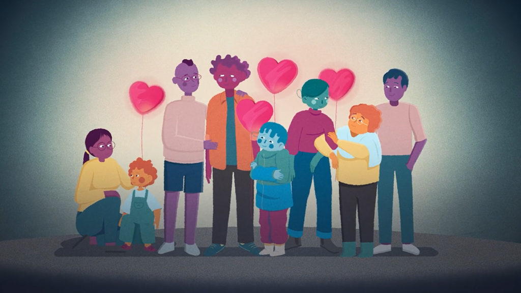 Illustration of a diverse group of people standing together with heart-shaped balloons, symbolizing love, support, and community across generations.