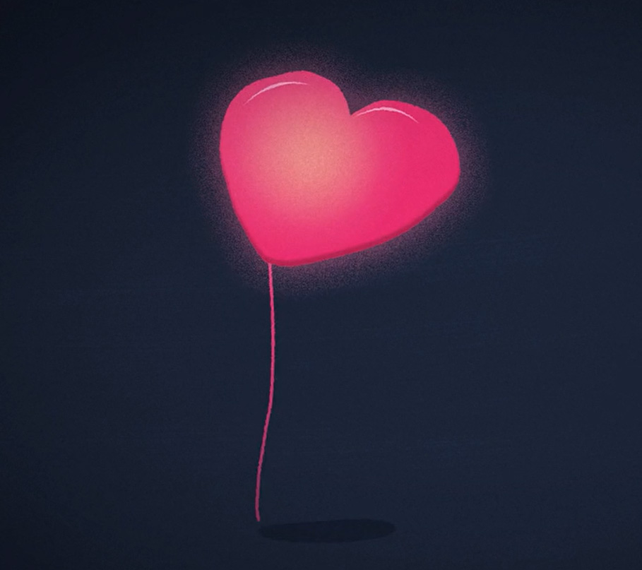 A glowing pink heart-shaped balloon floats against a dark background, symbolizing love, hope, and emotional warmth in contrast to its surrounding darkness.
